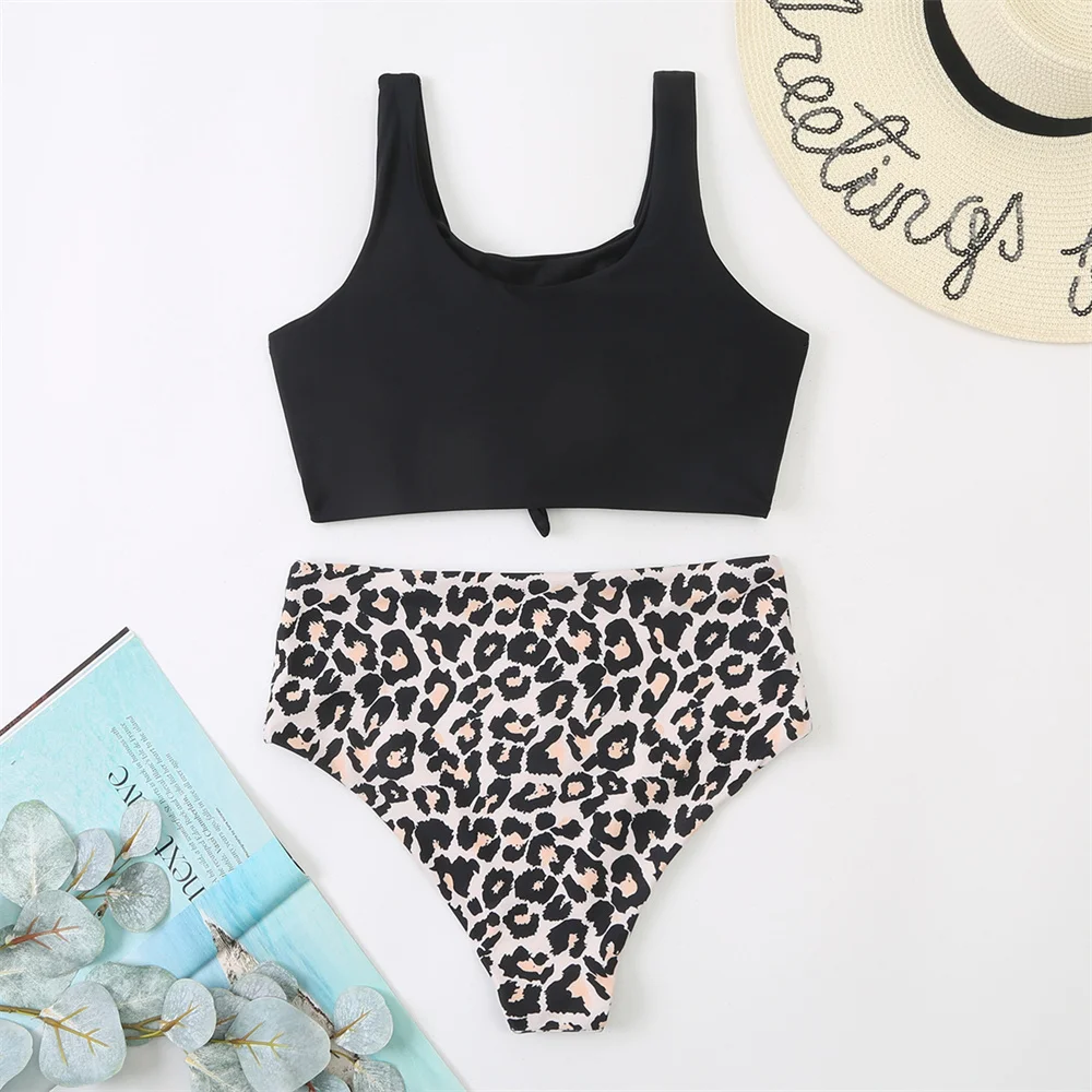 Leopard Bikini High Waist Swimsuit Black Knotted Tankini Push Up Vacation Swimwears Thong Women Tropical Brazil Beach Swim Suits