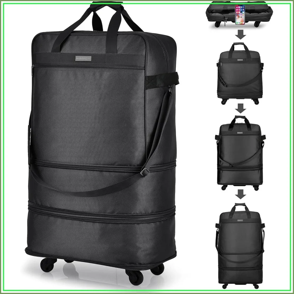

Expandable Rolling Duffel Bag, Collapsible Lightweight Travel Luggage with Wheels, 24-28 inch, Black