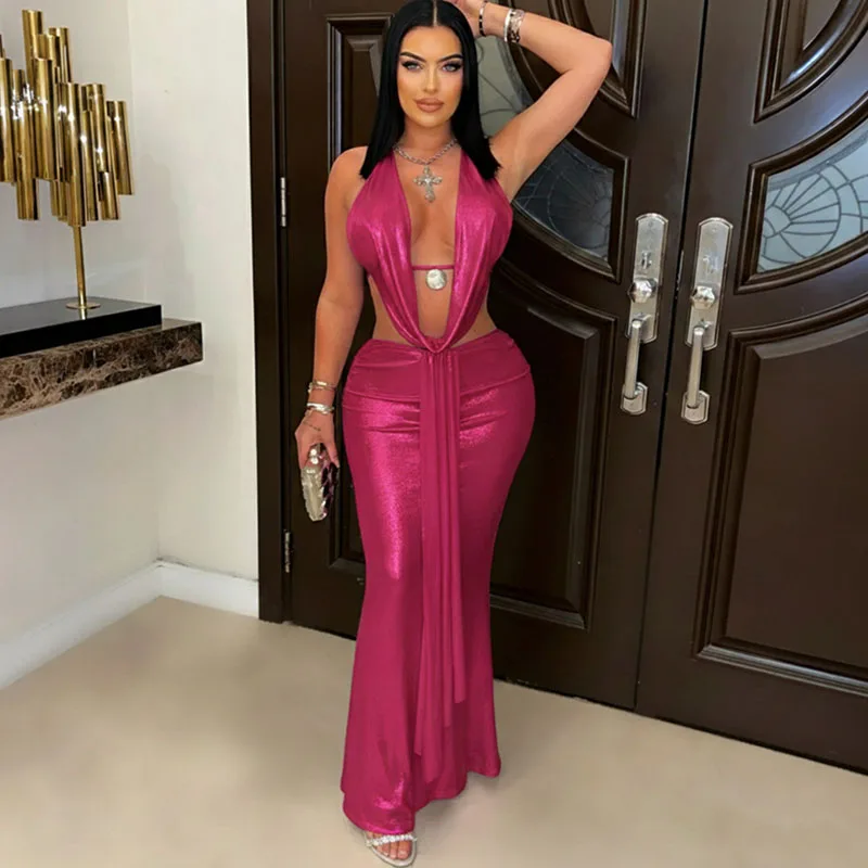 

Doyerl Сексуальная одежда металлик для женщин, комплект из 2 предметов, клубная одежда, топ на шнуровке с v-образным вырезом и длинная юбка, одинаковые комплекты