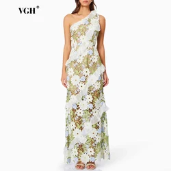 VGH Spliced Appliques Slimming Dresses For Women Diagonal Collar Sleeveless High Waist Hit Color Elegant Long Dress Female New