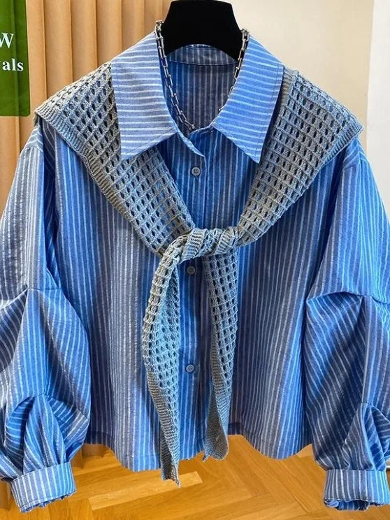 Korean Style Striped Long Sleeve Women's Shirt Two-Piece Set Shoulder Shawl Casual Cotton Fashion Autumn Wear by Meimei