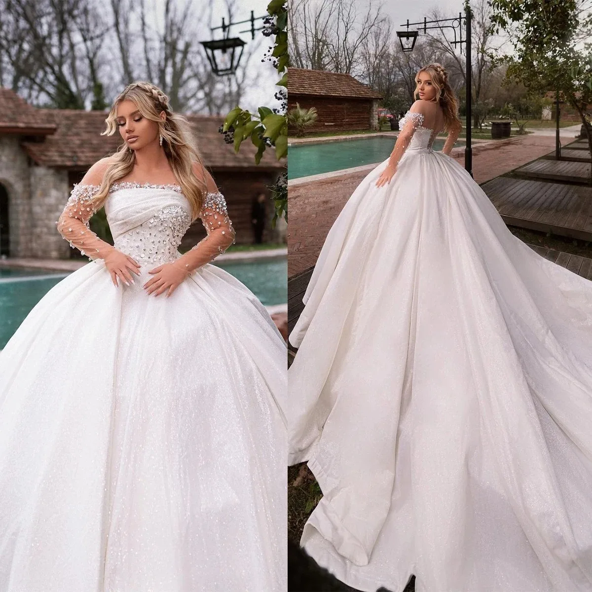 

Custom New Illusion Ball Gown Wedding Dresses Off Shoulder Long Sleeves Robe De Mariee Beads Appliques Sweep Train Bridal Gowns