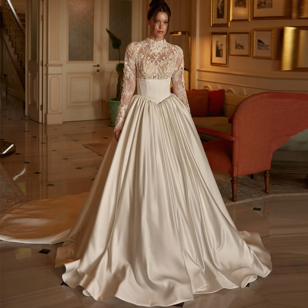 Robe de mariée classique à manches longues et col rond, personnalisée, avec des appliques exquises en dentelle, Vestido De Novia, robe de mariée en satin charmante