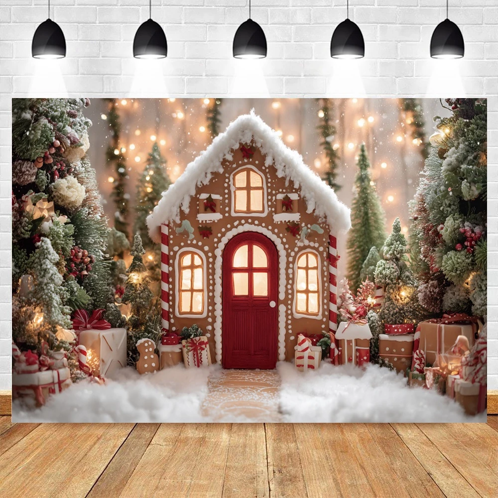 Christmas Gingerbread House Background Xmas Tree Gifts Snow Winter Christmas Baby Kids Art Portrait Photography Backdrop Decor