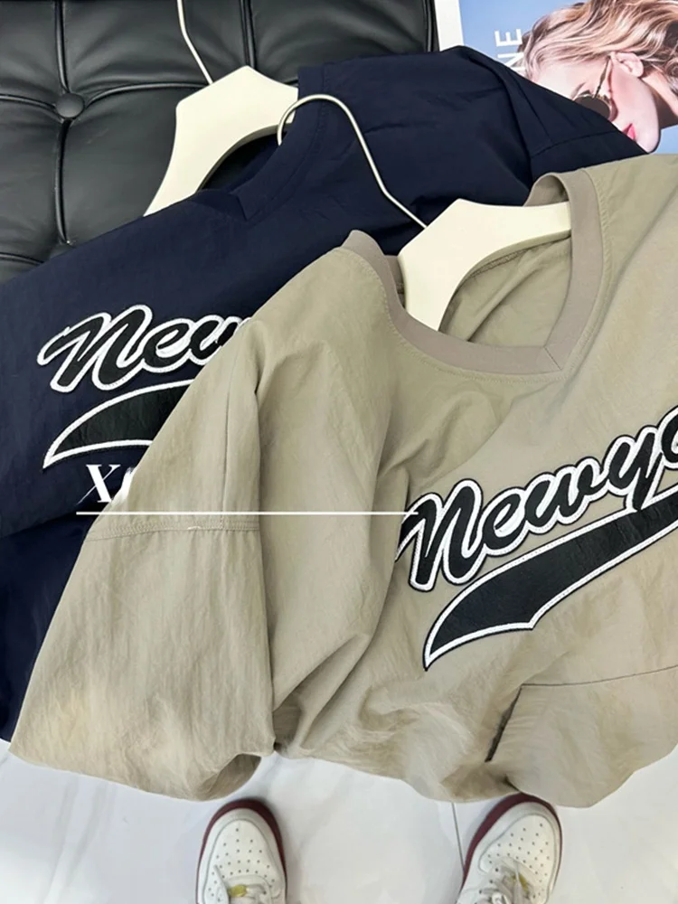 هودي نسائي بتطريز حروف أمريكية، فضفاض برباط وياقة على شكل V، تصميم عصري وأنيق بأكمام طويلة #2