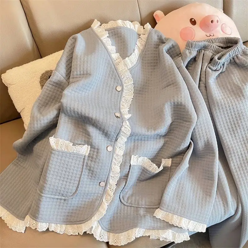 Basic Pajama Sets Women New Spring Sweet Simple Vintage Plaid Design Chic Lace  Lesiure Home Lounge Girls Sleepwear Ins Hot