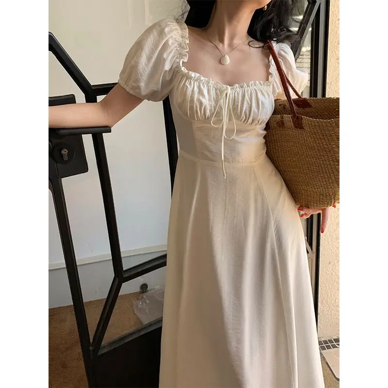 Gaganight French Retro Pure Desire Dress Square Neck Long Waist Thin Summer New Mori Coffee Break Pear Shape Dresses Vestido