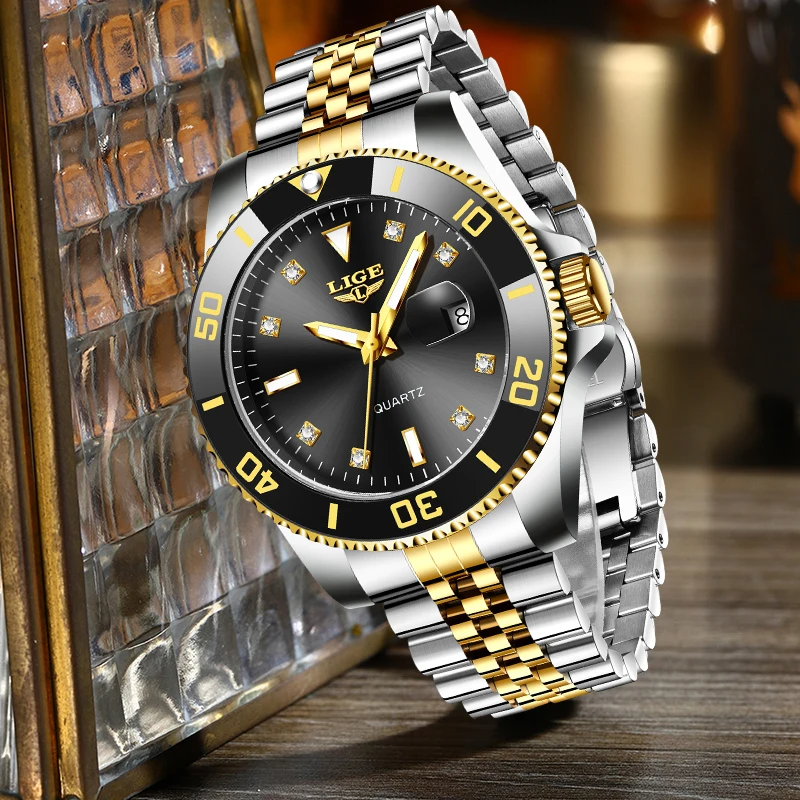 

LIGE LuxuryRetro Quartz Man Watch Rotating Bezel Casual Business Waterproof Luminous Stainless Auto Date Simple Watches for Men