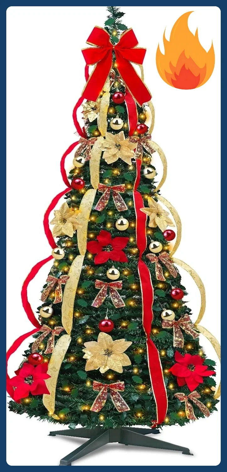 

Новинка! Новогодняя елка 6,5 футов (198 см) с предустановленной подсветкой, таймером, 8 режимами, 200 теплыми лампочками, украшениями, красно-золотой лентой, цветами, B