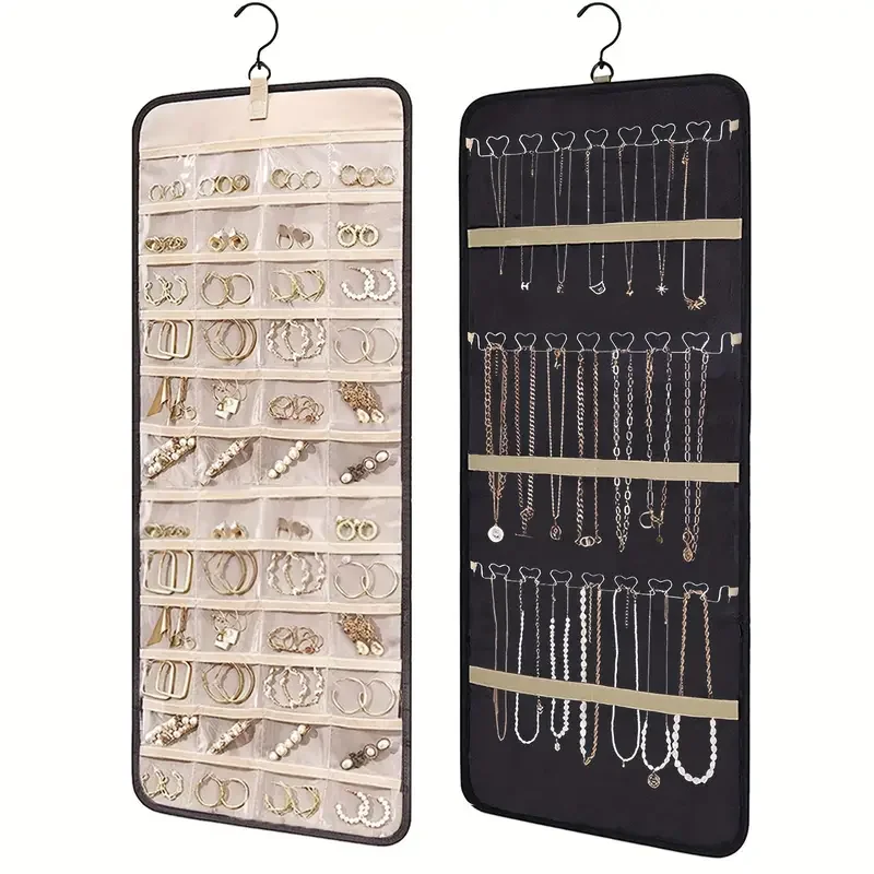 

48 Pocket Double-Sided Hanging Jewelry Organizer Storage Roll With Hanger For Earrings Necklaces Rings-Closet Jewelry Holder