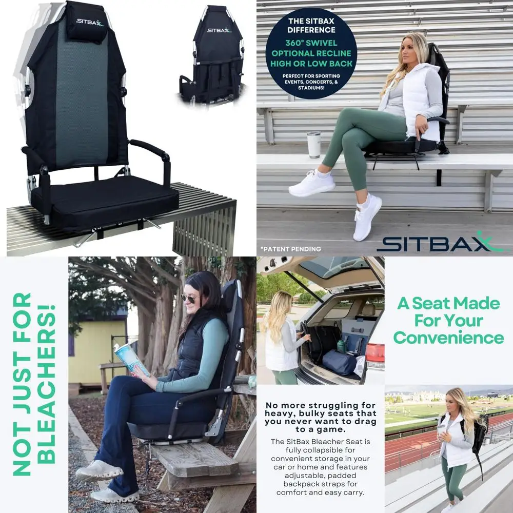 

"Portable Reclining Stadium Chair with Full Back and Neck Support, 360-Degree Swivel, Lightweight and Foldable"