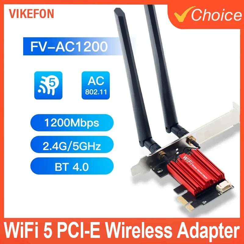 

WiFi 5 PCI-E Wireless Adapter AC1200 Network Card Dual Band 2.4G/5GHz 802.11AC For Bluetooth 4.0 Desktop Windows 7/8/10/11