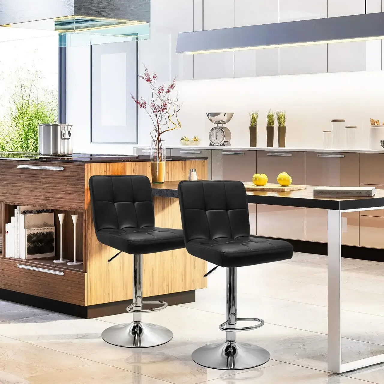 PU Leather Swivel Bar Stools, cadeira de bar ajustável, cadeiras modernas Pub, conjunto de 2