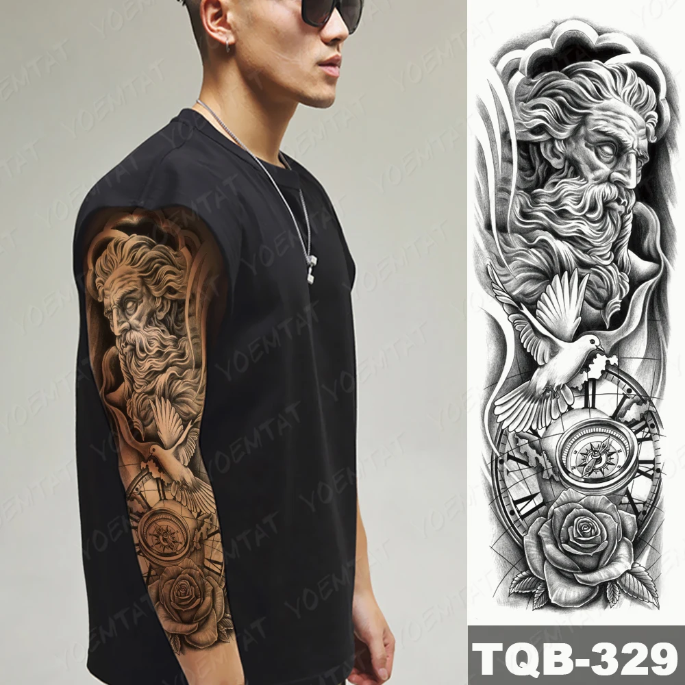 Full Large Arm Sleeve Tattoo Poseidon Pigeon Waterproof Temporary Tatoo Sticker Viking Compass Rose Men Women Body Art Fake Tato