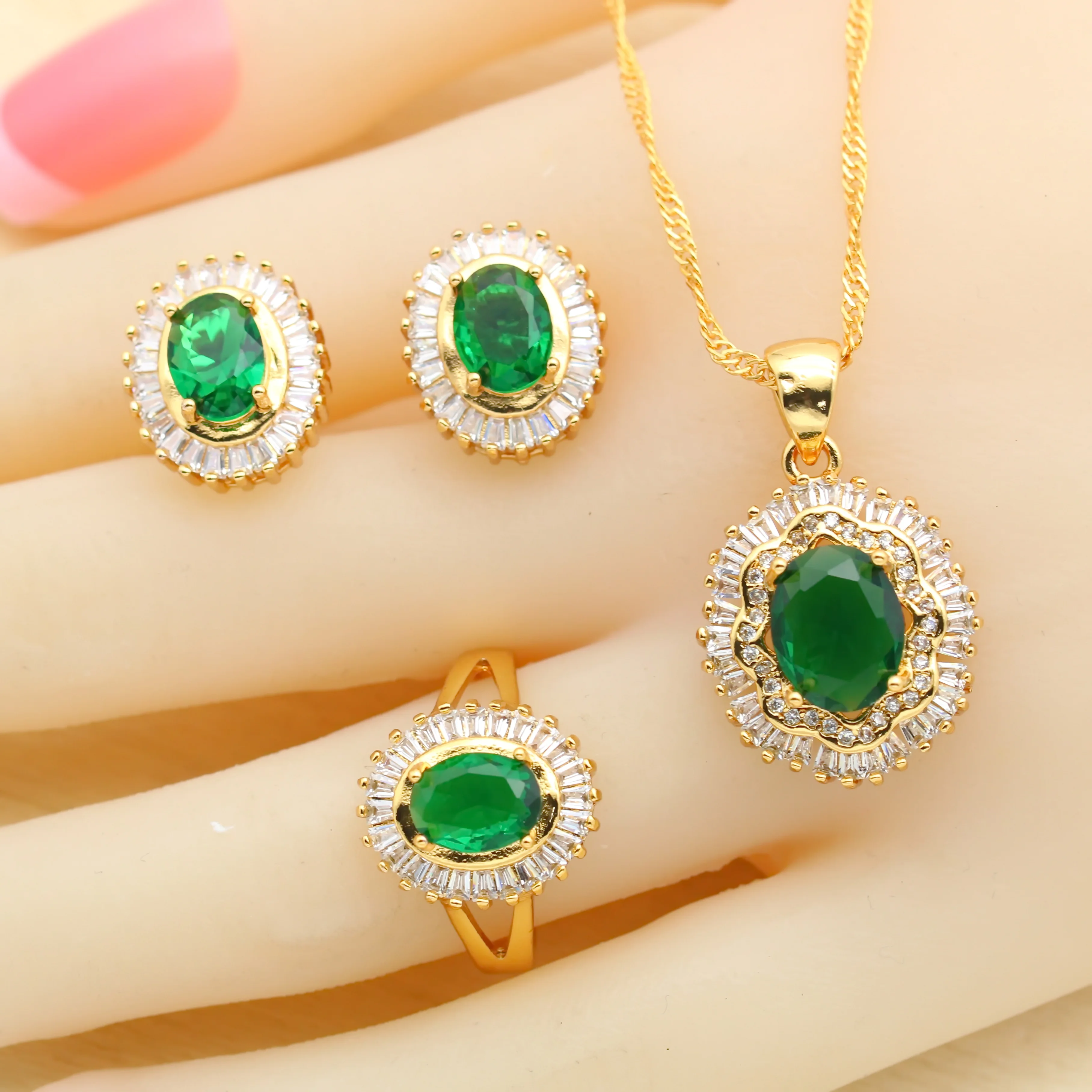 Amazing Green Zirconia Gold Plated Jewelry Sets for Women Earrings Necklace Pendant Open Ring Bracelet Christmas Birthday Gift