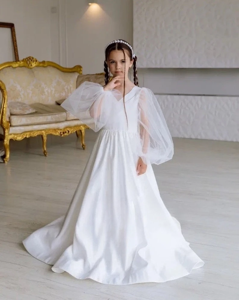 Satin Flower Girl Dress with Bow Tulle Wedding Dresses Junior Bridesmaid Toddler Ivory Girl Princess Pageant Dresses for Girls