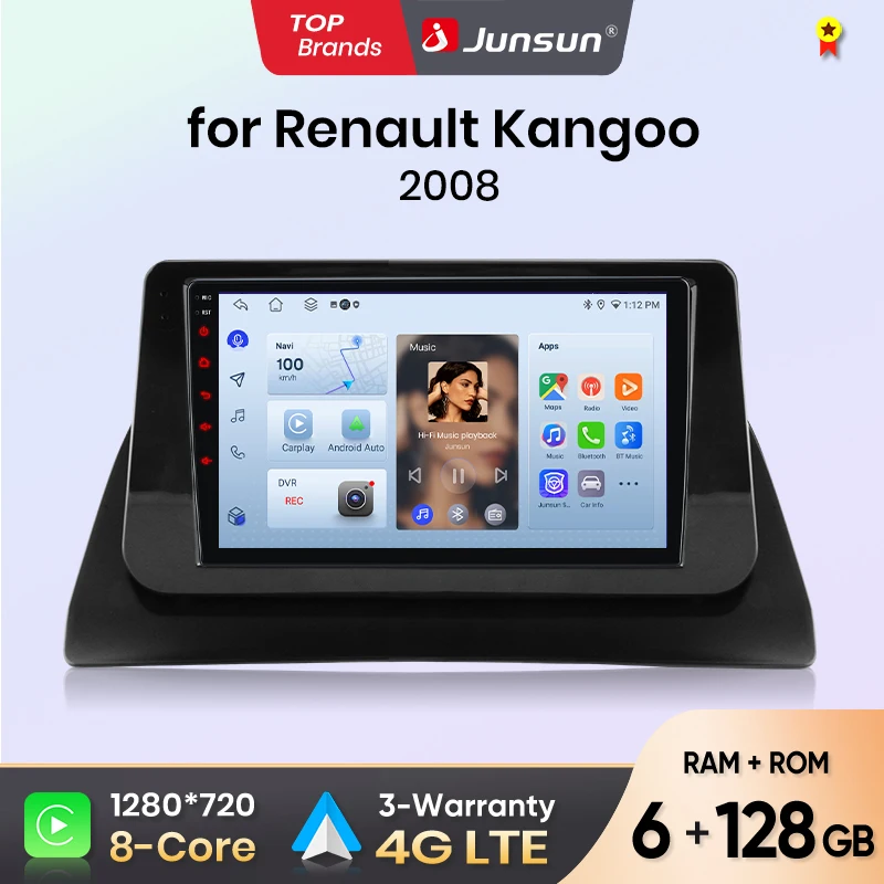 Autoradio Junsun pour Renault Kangoo 2008, CarPlay, Android Auto, FM, RDS, DSP, BT, GPS, Navi, SWC, écran tactile HD IPS, Plug & Play, lecteur multimédia, appels mains libres, style d'origine, unité principale