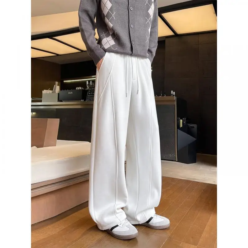 Men's Wide Leg Sweatpants Patchwork Design Loose Fit Casual Streetwear Trousers High Quality Fleece Pants 2026 Winter Bottoms