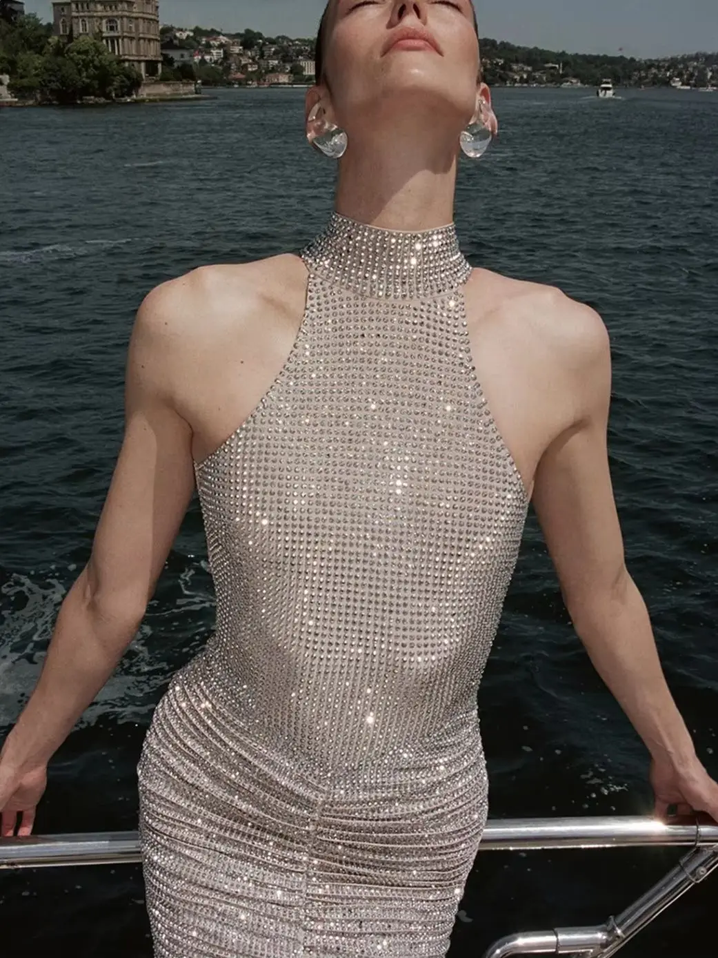 جديد إمرأة فاخر مثير شبكة كريستال الماس عارية الذراعين فستان طويل ماكسي حفلة عيد ميلاد زي المغني مرحلة الأداء فستان