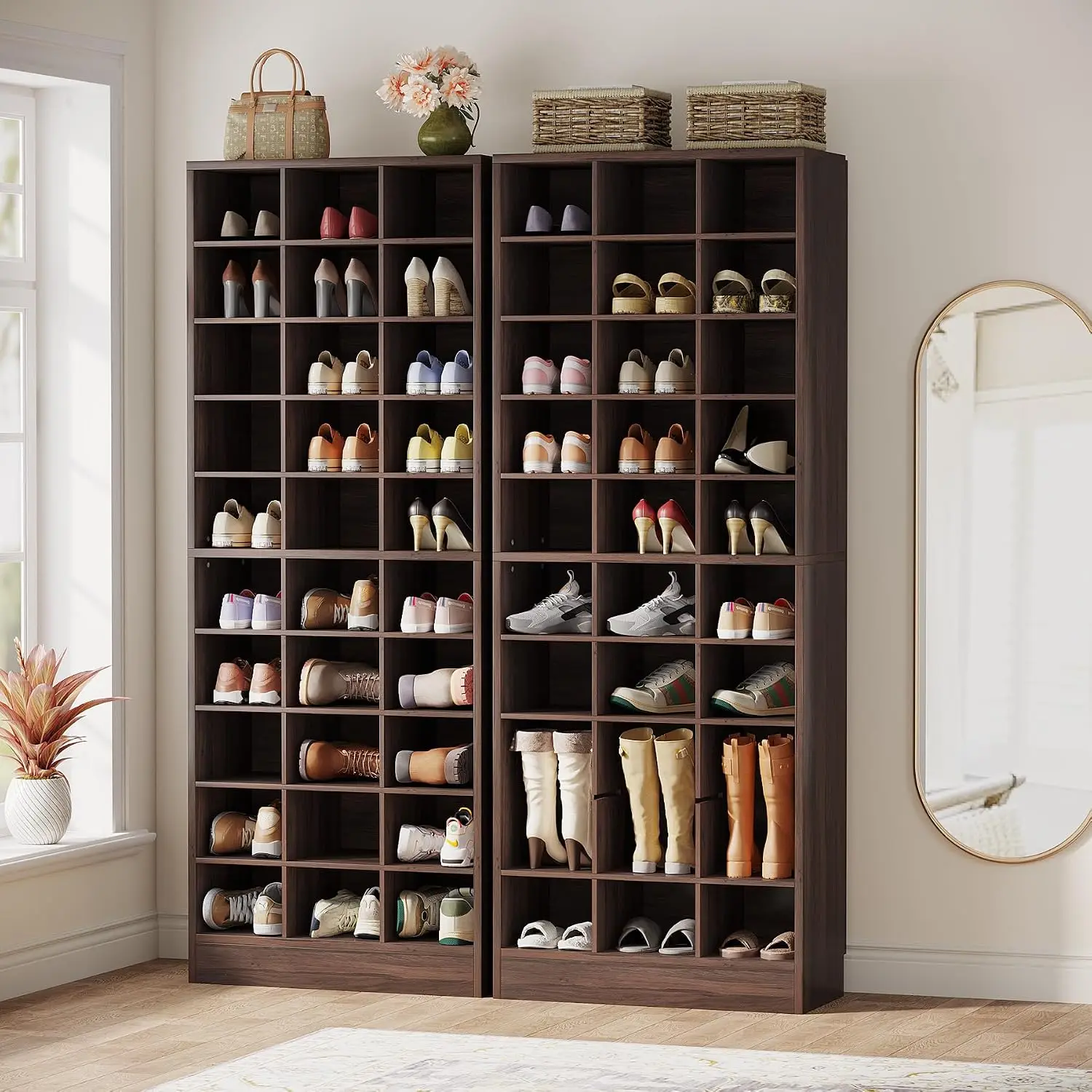 10-Tier Wooden Shoe Cabinet 2-Pack 30 Cubbies Freestanding Tall Entryway Organizer Closet Living Room, Customized