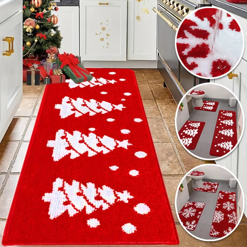 

Christmas Tree Snowflakes Bathroom Rugs Non-slip Bath Mat Absorbent Kitchen Carpet Outdoor Indoor Christmas Decorations Foot Mat