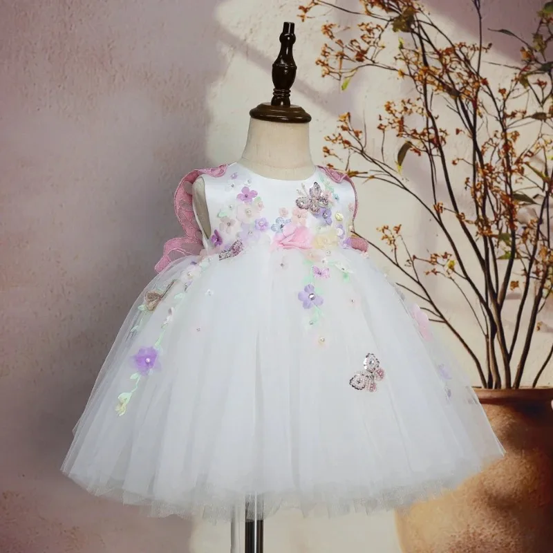 2026 Girls Princess Dress Flower Girl Tulle Floral Pearl Lolita Gown Children Pageant Party Attire Elegant Celebration Costume