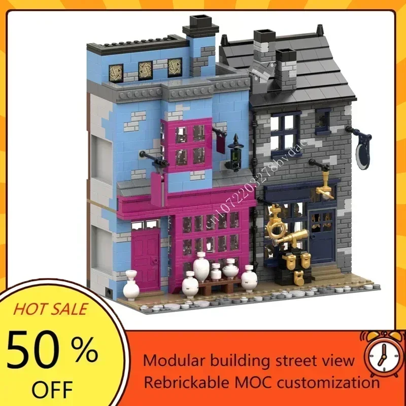 ชุดอุปกรณ์เวทมนตร์ 1485 ชิ้น แบบจำลองร้านขายยาและถนนแห่งความคิดสร้างสรรค์ของ Wiseacre ชุดตัวต่อ MOC DIY ของเล่นตัวต่อ ของขวัญวันเกิด ของขวัญคริสต์มาส