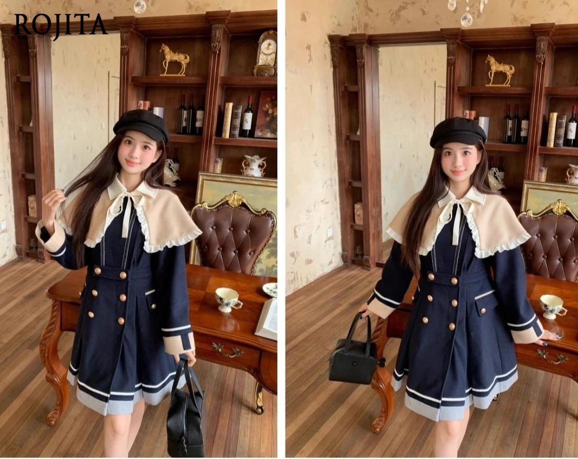 Japoński płaszcz wełniany w stylu college dla kobiet, średniej długości płaszcz wełniany na jesień i zimę, kurtki damskie.