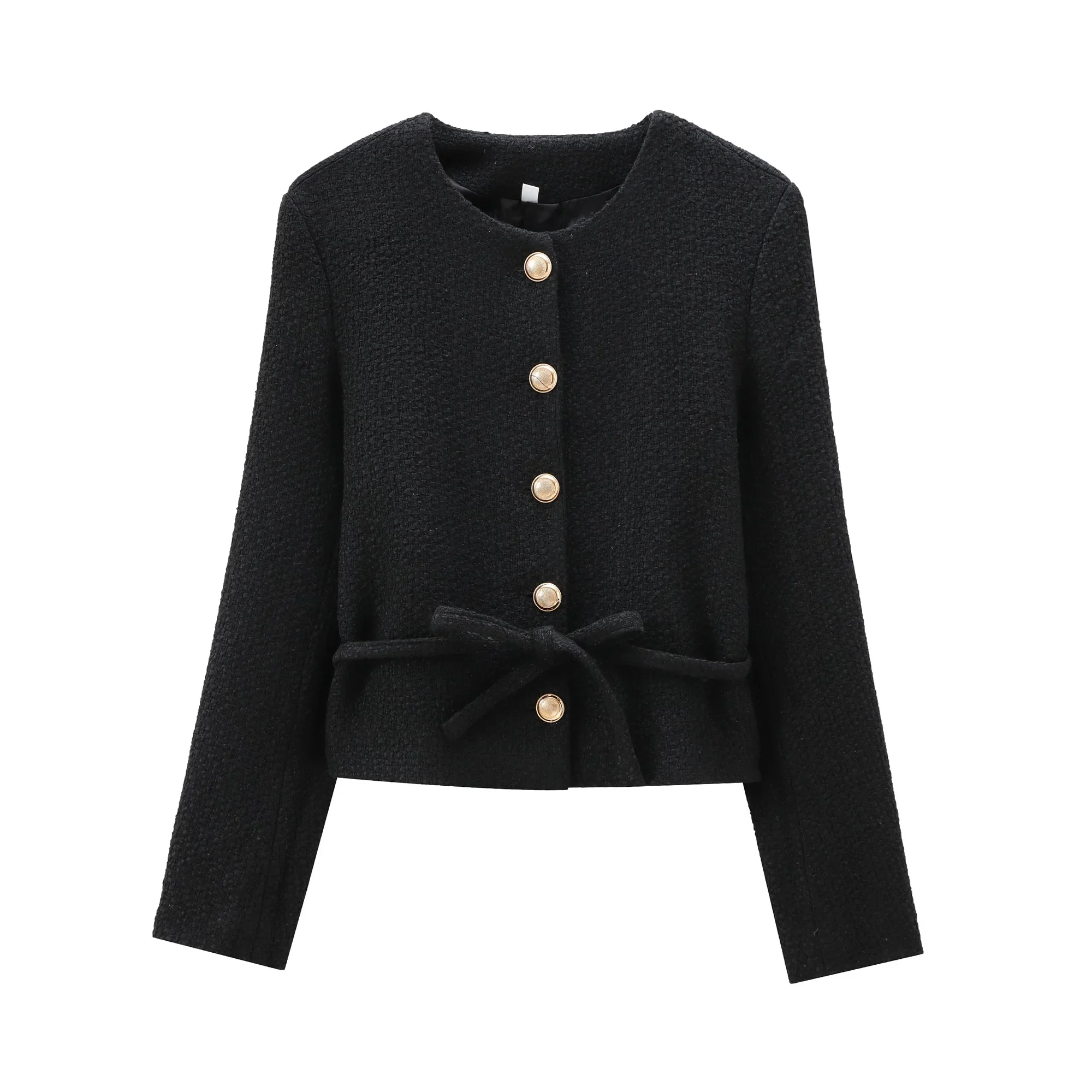 Women Fashion Autumn New Belt Casual Jacket Round Neck Long Sleeved Single-breasted Short Coats Chic Ladies Tops Mujer