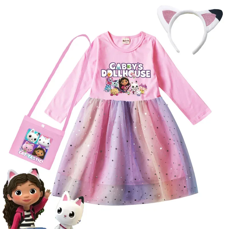 

New Autumn Gabby's DollHouse Cosplay Costumes Cartoon Print Skirt Children Long Sleeve Casual Dress+Headband Party anime Clothes