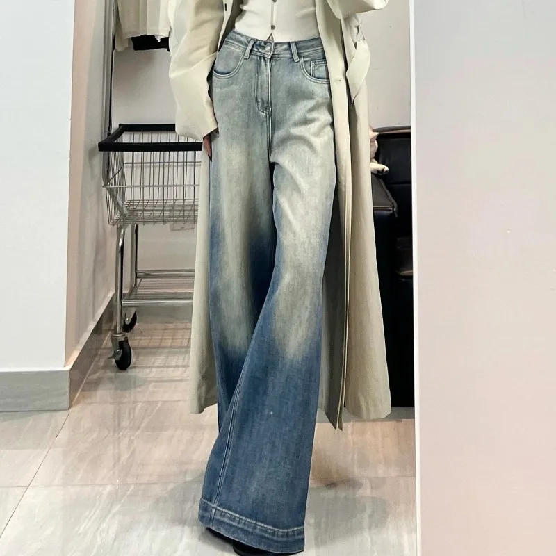 Gradient American Y2k Trousers Contrast Color High Waist Wide Leg Loose Pants Patchwork Denim Vintage Ankle-length Jeans Women