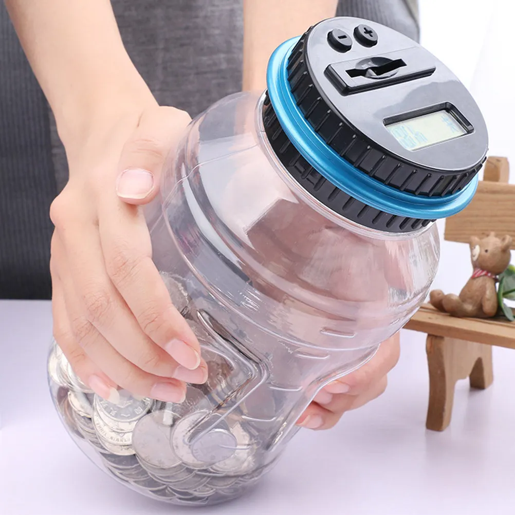 1-個デジタルコインバンク貯蓄瓶透明電子貯金箱ワイドボトルネック簡単なコイン回収-2-つのグリップ溝ブルー