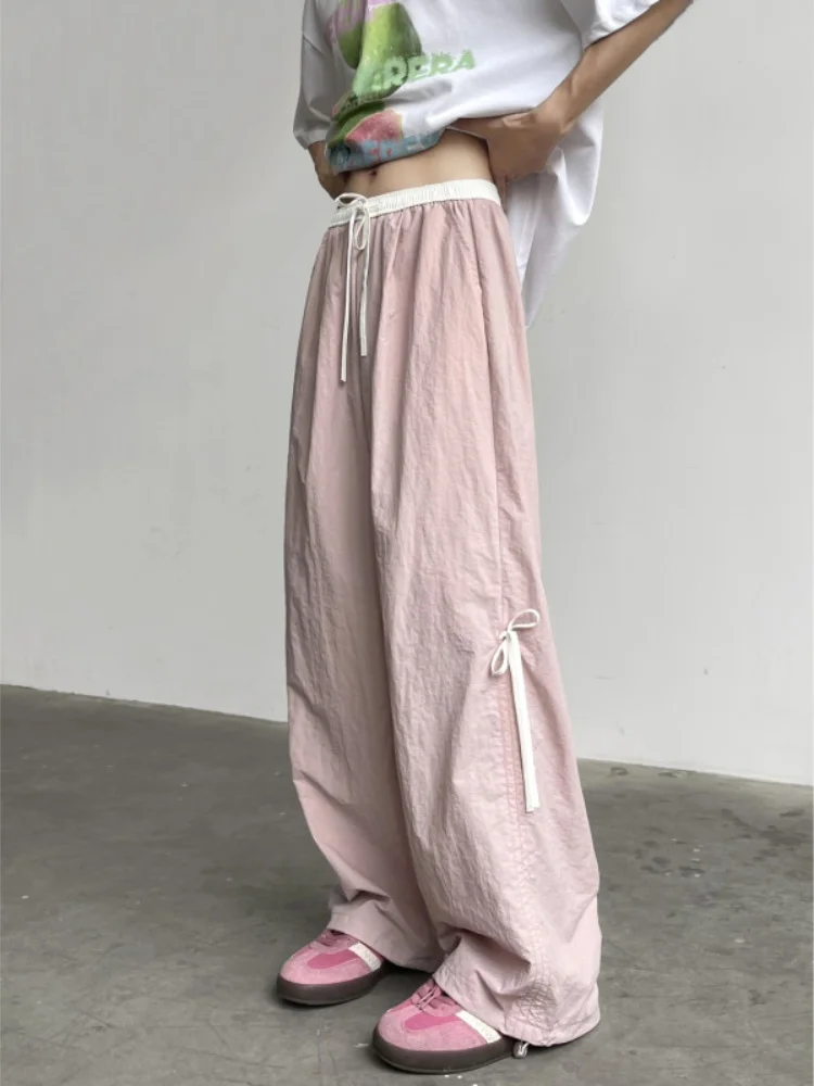 

Розовые мужские летние тонкие широкие брюки свободного кроя в американском уличном стиле, джинсы прямого кроя в пол