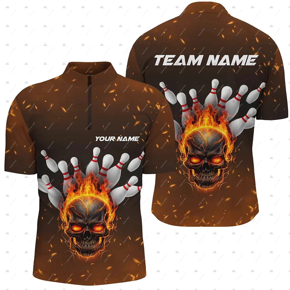 Custom Name Bowling Skull Colorful Flame Graffiti Vintage Retro 3DPrint Harajuku Summer Short Sleeve Zipper Polo Jersey Shirts U