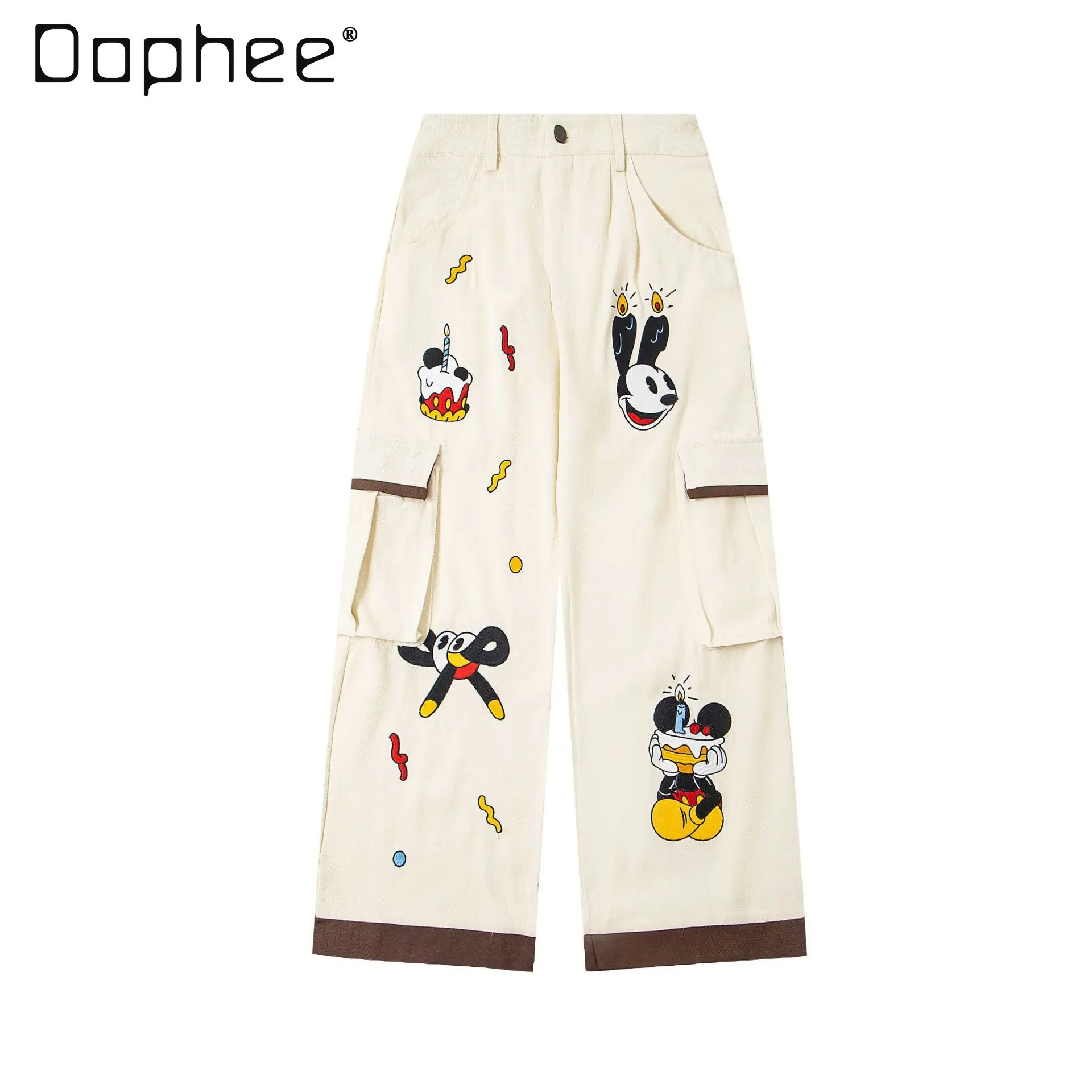 

Американские ретро мультяшные вышивки игривые повседневные брюки-карго с цветными блоками для мужчин и женщин свободные повседневные широкие длинные брюки