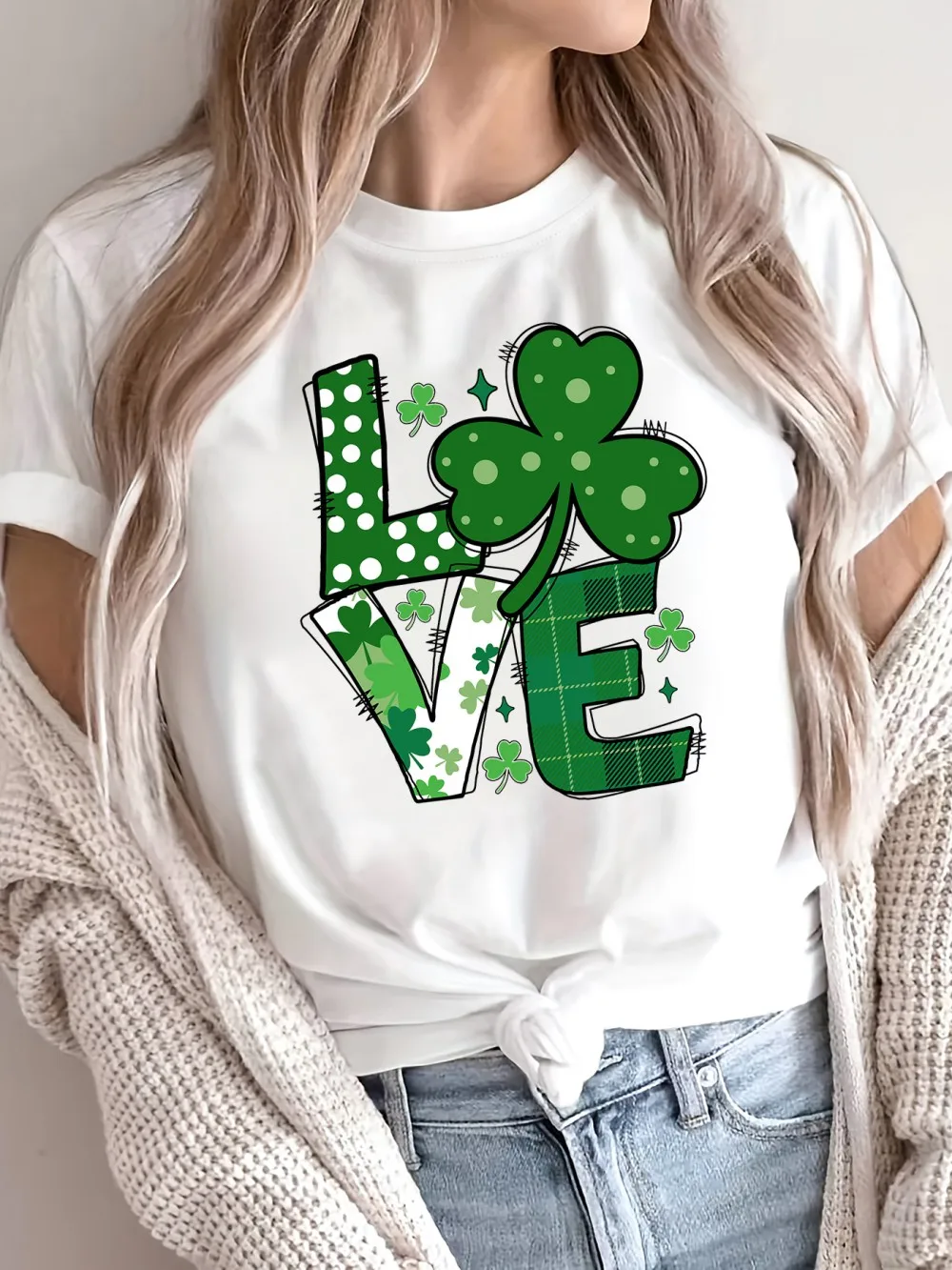 St Patrick'S Day T-Shirt Four Leaf Clover Love Printing T-Shirts O-Neck Soft Street Tops Summer Loose All-Match Womans Clothes