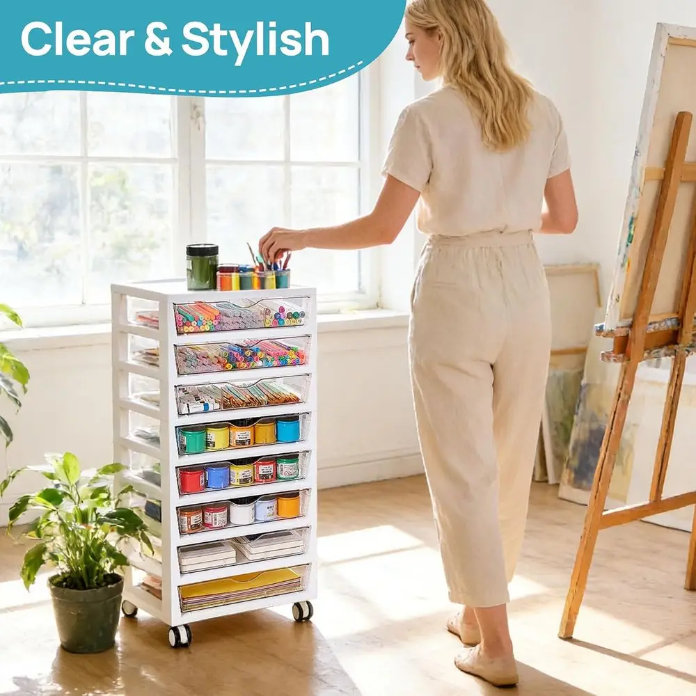 8 Tier Rolling Cart with Ders, Clear Plastic Ders with Removable Dividers or Art &Oice Supplies, Beauty Products, Toy, Under Des
