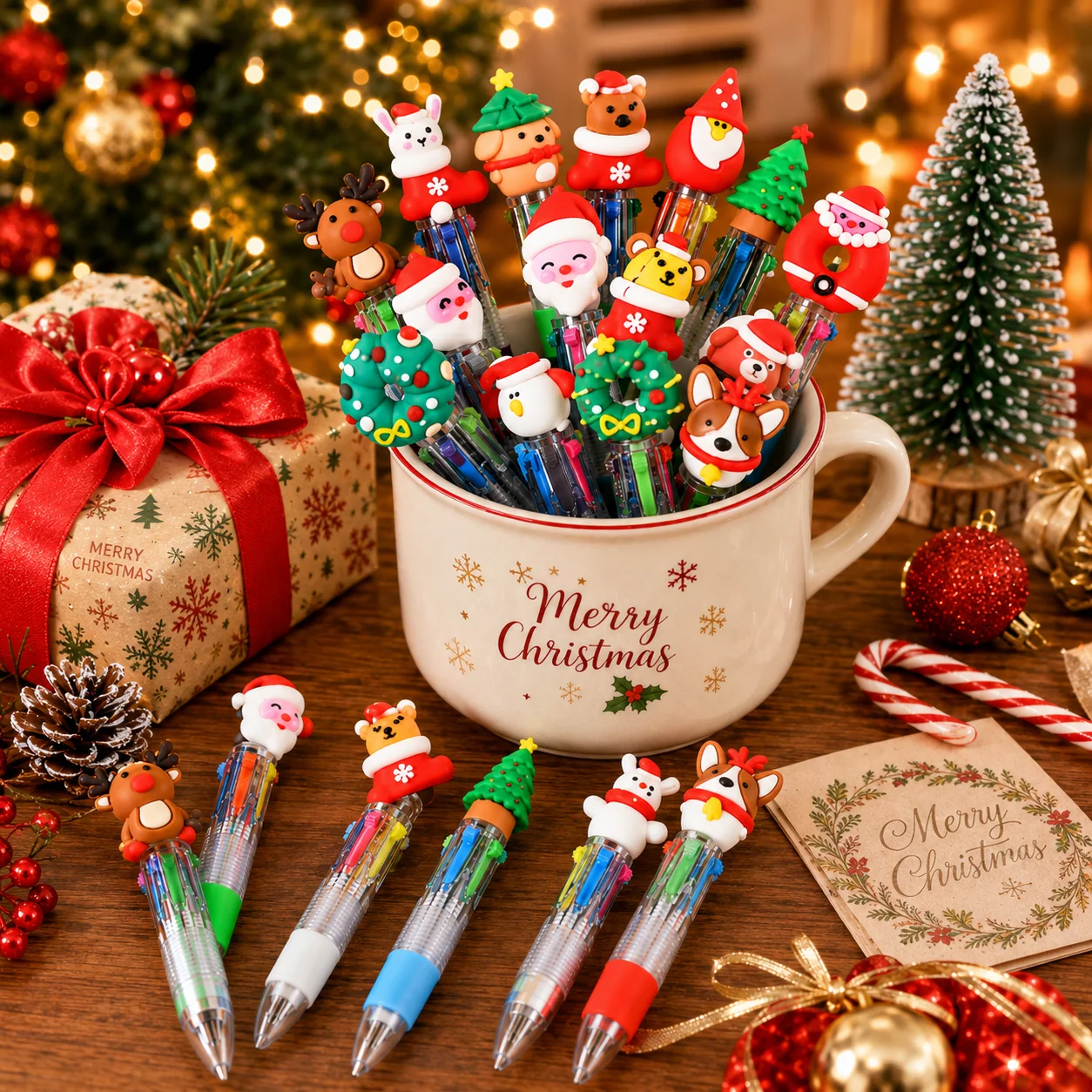12/24/36pcs Mini Christmas Ballpoint Pens, Santa Reindeer Snowman Designs, Party Favors, Classroom Prizes, Stocking Stuffers