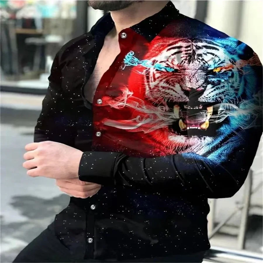 Herenfeestmode Shirt Met Lange Mouwen Nieuw 3d Lion Hd Dierenprint Overhemd Met Revers S-6XL Hawaiiaans Casual Vest Streetwear