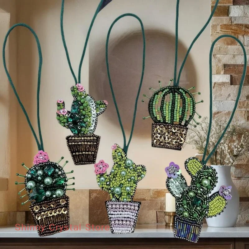 

3D Handmade Rhinestone Beaded Cactus Potted Plant Beaded Hanging Rope Patches Crystal Bag Lanyard Patch Beading Applique Patch
