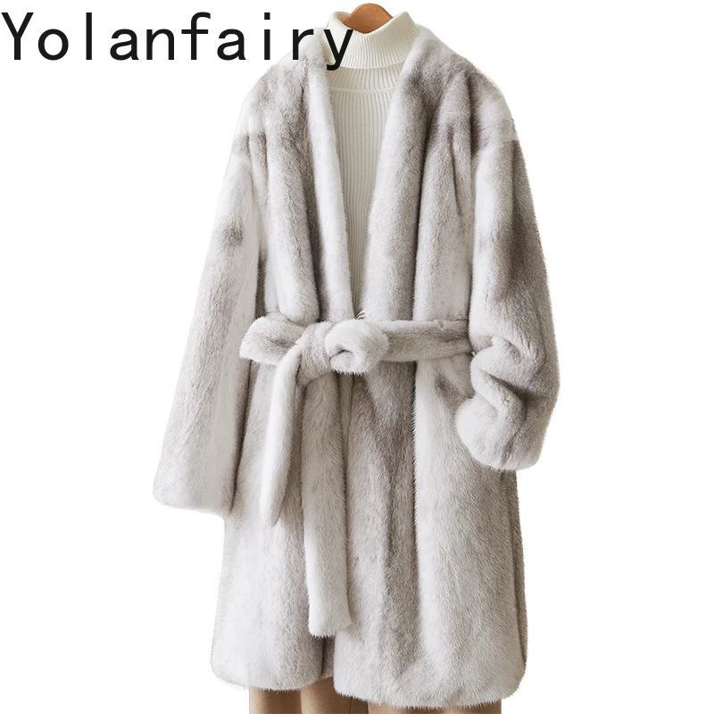 YOLANFAIRY Natural Fur Coat Cross Mink Fur Jackets for Woman Winter Elegant V-neck Mid-length Whole Mink Fur Coat Lace-up Abrigo