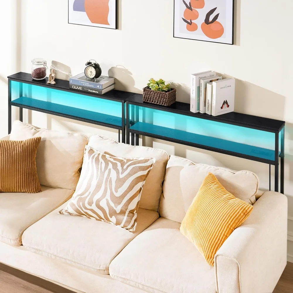 ELYKEN 2 Pack 5.9 Narrow 2-Tier Console Sofa Table with LED Strip Light, 5.9 Dx39.4”Wx39.4”H Long Behind Couch Table with Charge