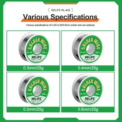 RELIFE-High Purity Solder Wire, Rosin Core, Tin Wire para vários solda eletrônica, Ferramentas de solda, RL-445, 0.6mm, 0.5mm, 0.4mm, 0.3mm, 25g