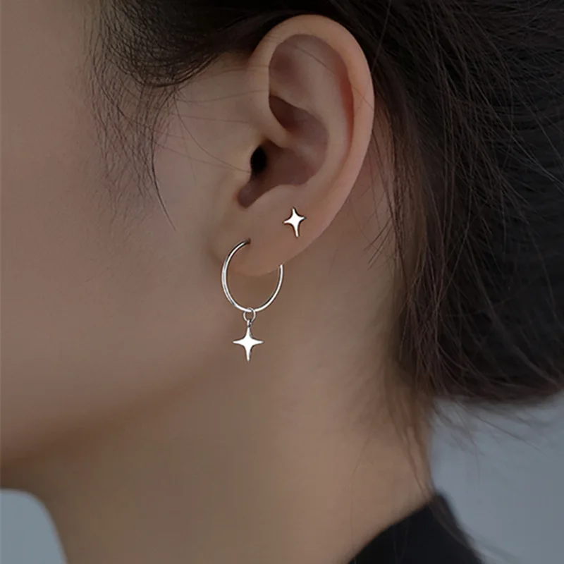 Silver Color Asymmetrical Small Star Hoop Earrings for Women Personality Starlight Studs Earrings Korean Fashion Jewelry Gifts