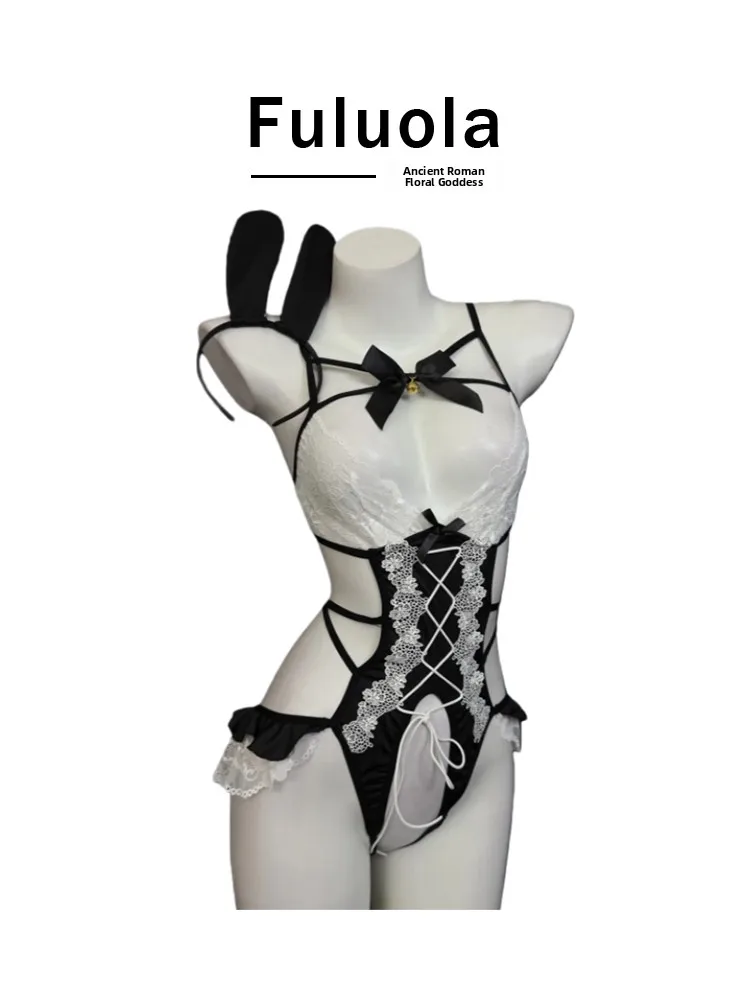 

Fuluola2025 Sexy Bunny Girl Cos orm Lace Tie Hollow Pure Desire Play Low Waist ort Pants Suit for Women