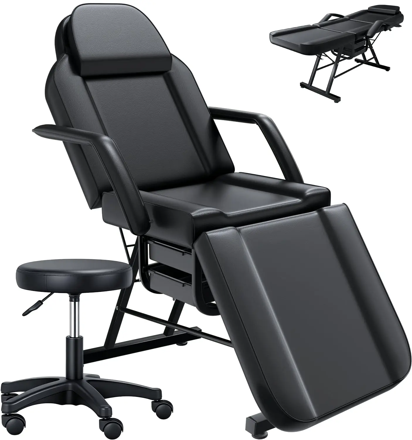 Adjustable Facial & Tattoo Chair with Headrest, Rolling Stool for Salon Spa Barber Lash Bed Massage Table, Black, Customized