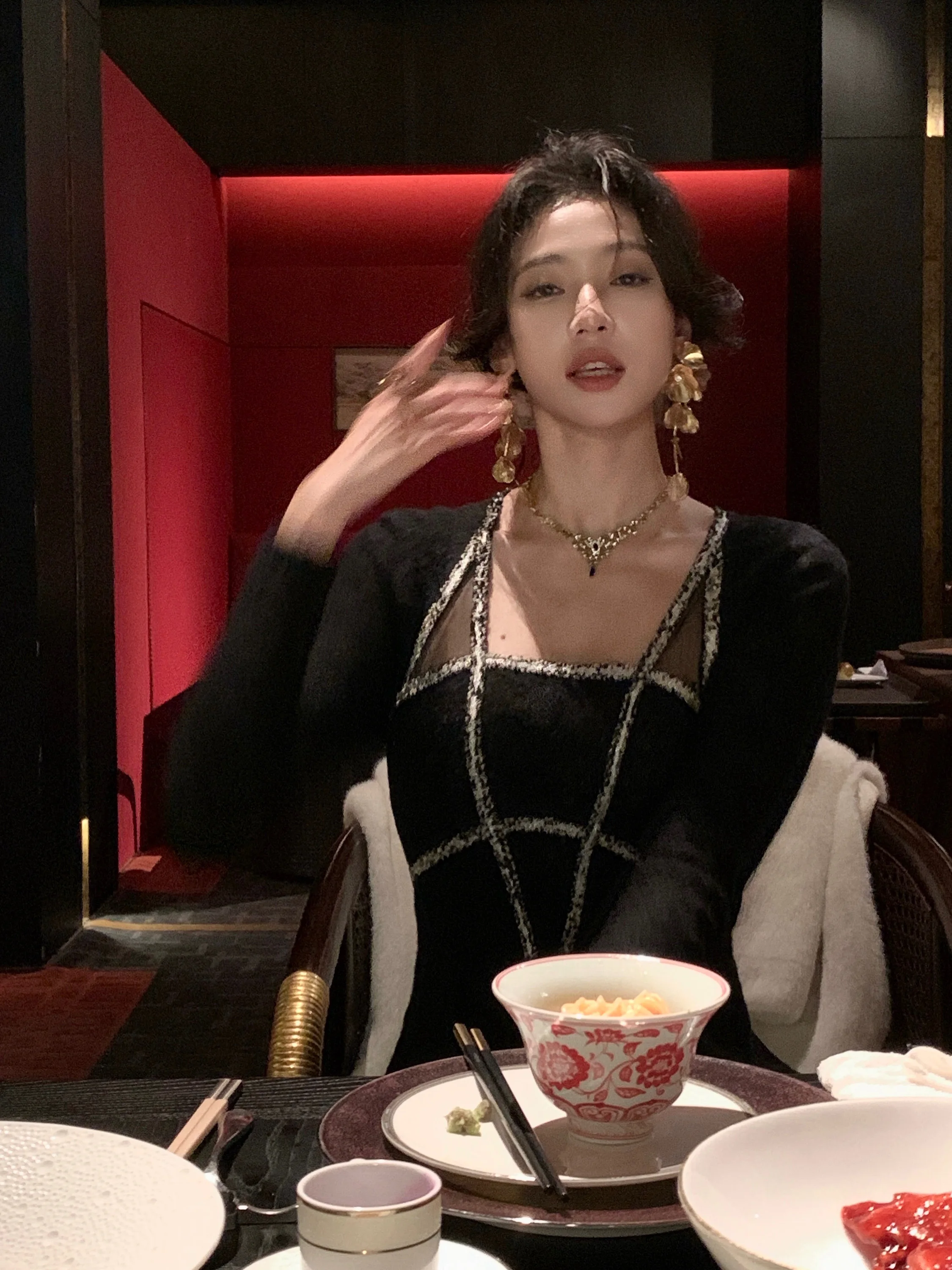 

Элегантное черное вечернее платье с длинными рукавами, модное, А-силуэт, для офиса, осень-зима, новинка, женская одежда