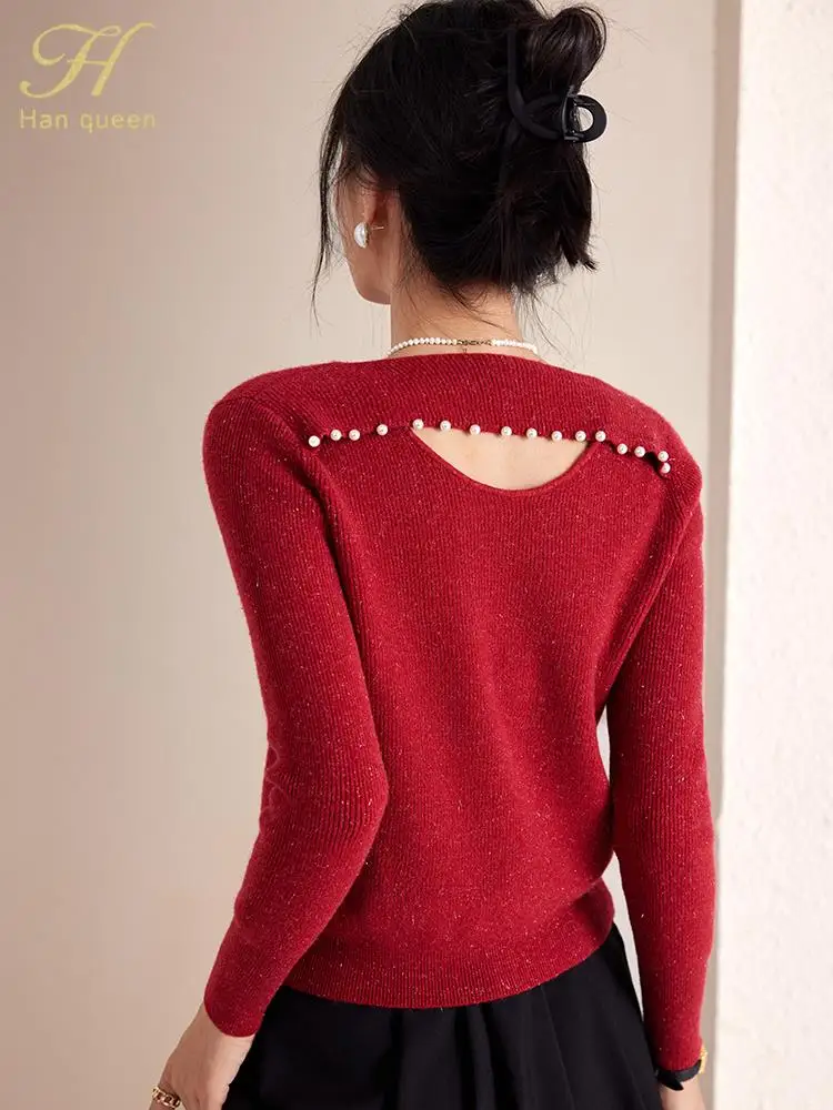 H Han Queen Simple Winter Elegant Hollow Out Beading Pullovers Sweaters Womens New Korean Loose Casual Vintage Office Tops