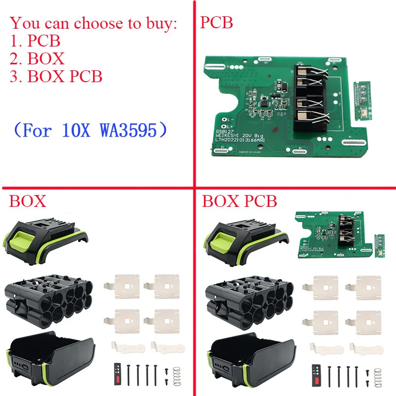 

10 X 18650 WA3595 Li-ion Battery Case PCB Charging Circuit Board Shell Housings For Worx 20V Battery Box WA3593 WA3596 WA3027