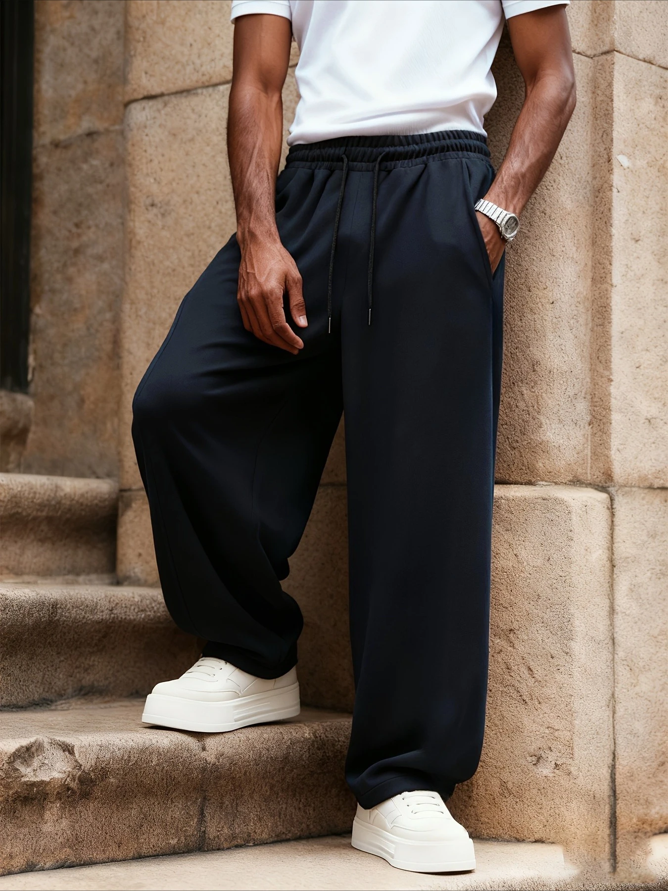 

Men's Autumn/Winter Fashion Solid Color Straight Leg Sweatpants Soft Fleece Navy Blue Trousers streetwear men